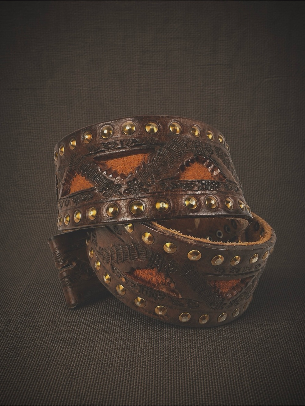 Vintage Western Tooled Leather Studded Belt | Brown Tan
